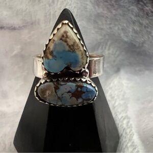 ❤️ Rare Golden Hills Turquoise 2 Stone Southwestern 7.5 Adjustable Ring 6.9gm